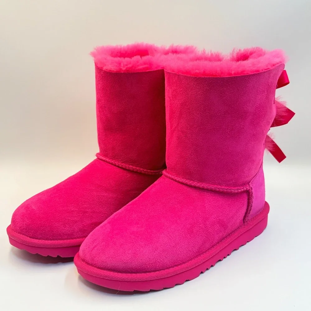 UGG Bailey Bow II Pink Suede Boots Sheepskin 1017394K Big Kids Size 5 Cozy